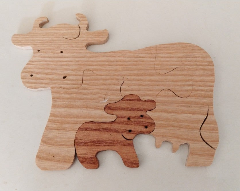 Jeux Puzzle vache et son petit, bois massif enfants + 3 ans