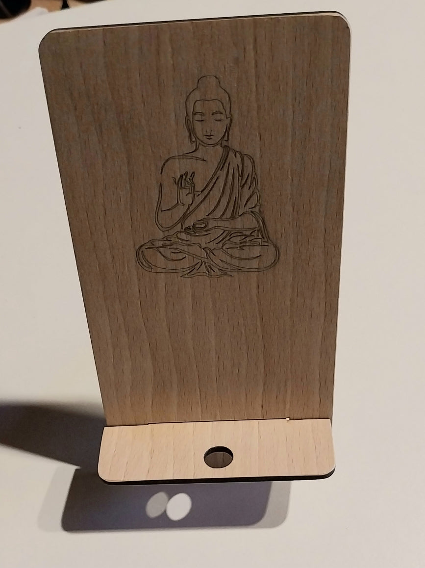 support téléphone portable gravure boudha